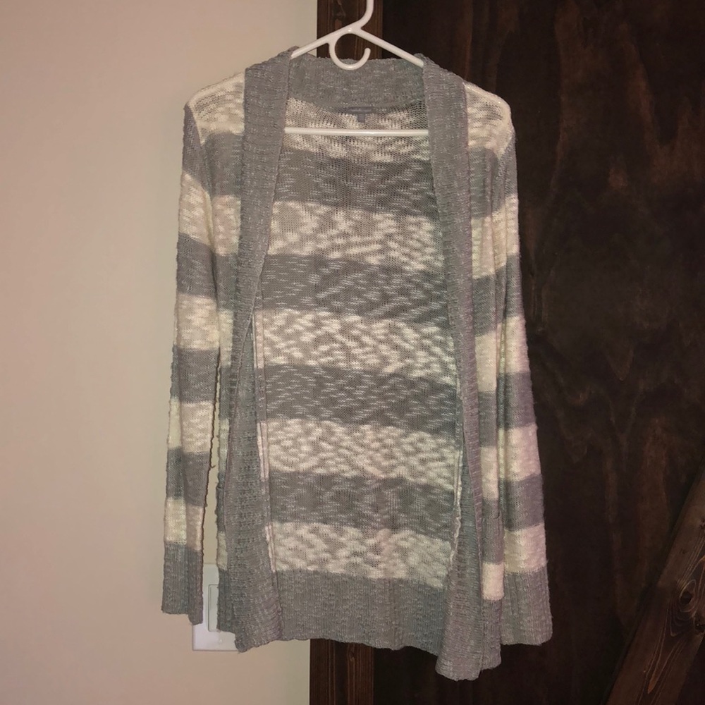 Gray & White Striped Cardigan